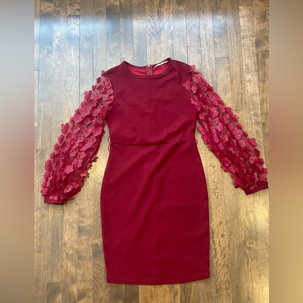 Elegant Burgundy Dress with Floral Sleeves for girls | dress for girls kids